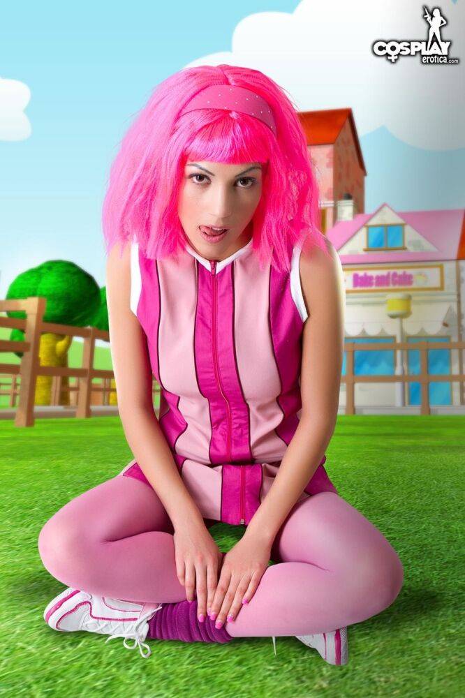 Adorable girl with pink hair Lazy Town exposes her nice body on a lawn - #6