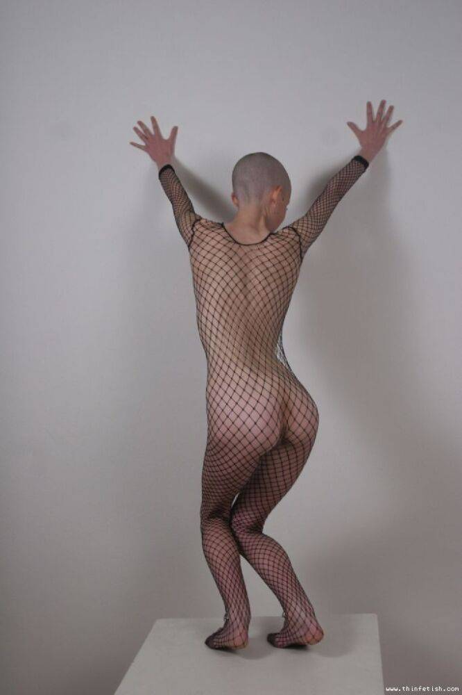 Solo model with a shaved head poses in a fishnet bodystocking - #6