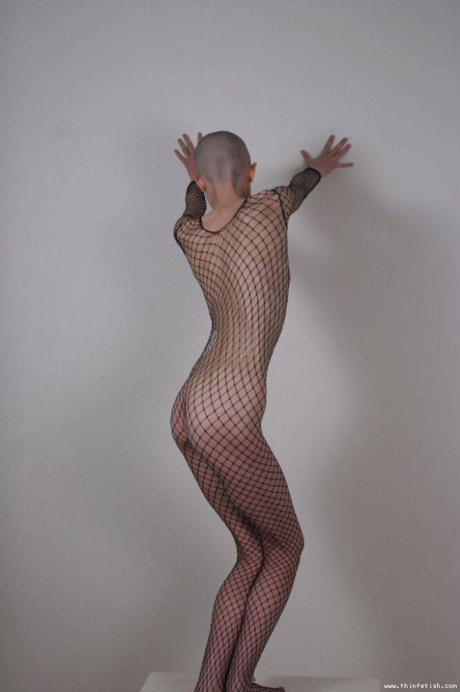 Solo model with a shaved head poses in a fishnet bodystocking - #5