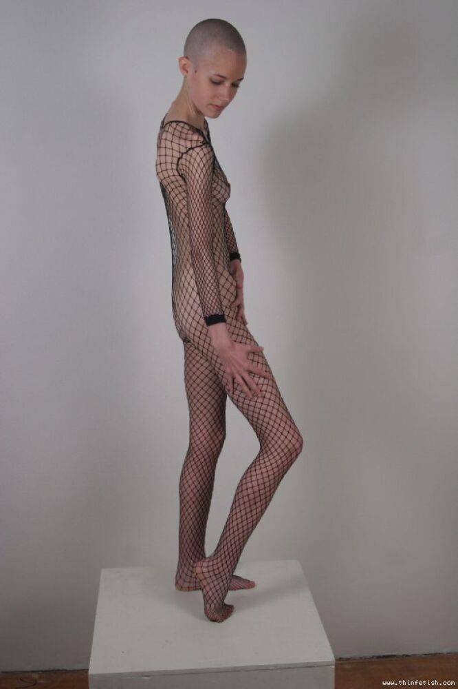 Solo model with a shaved head poses in a fishnet bodystocking - #1