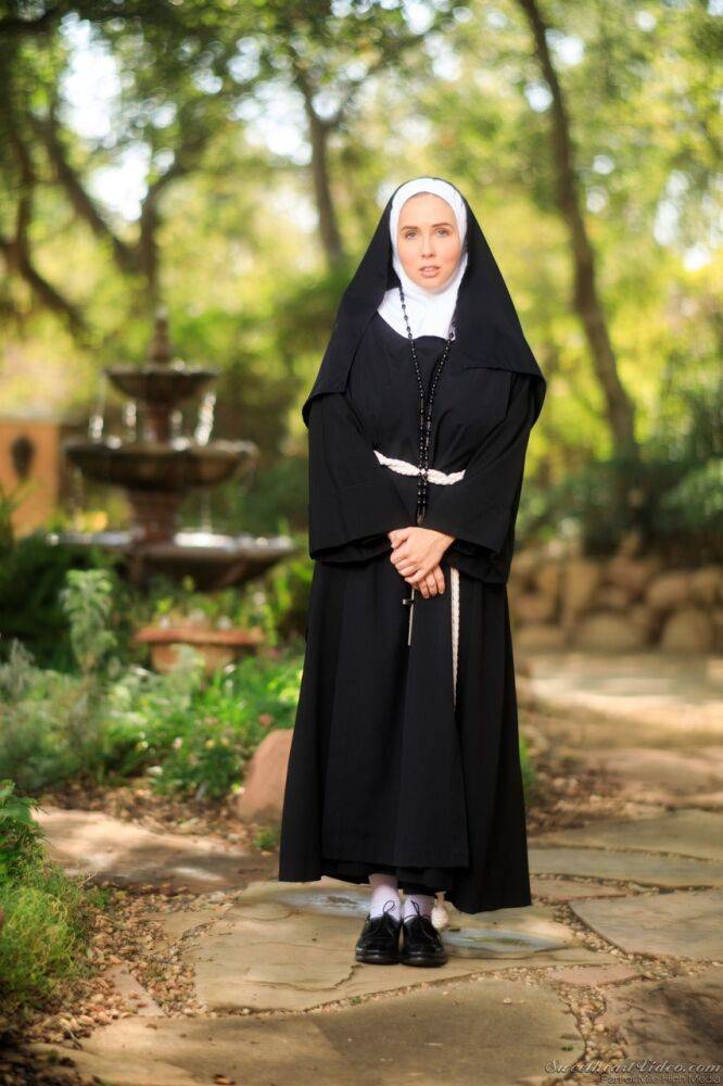 Thick Nun exposes herself in the courtyard wearing over the knee socks - #1