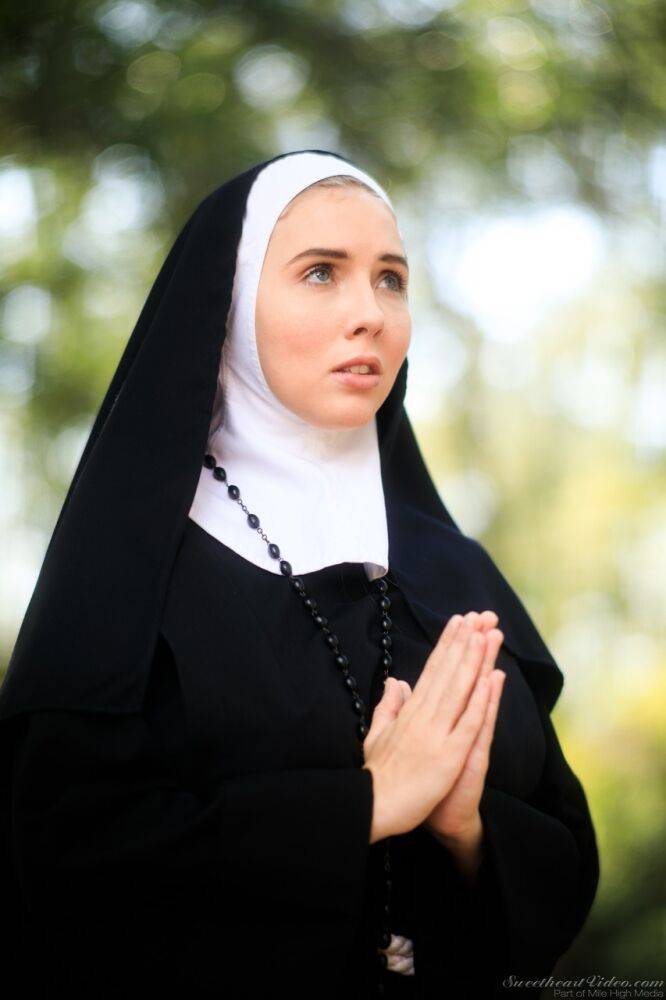 Thick Nun exposes herself in the courtyard wearing over the knee socks - #2