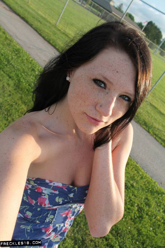 Teen solo girl Freckles 18 exposes her upskirt panties at a ball diamond - #7