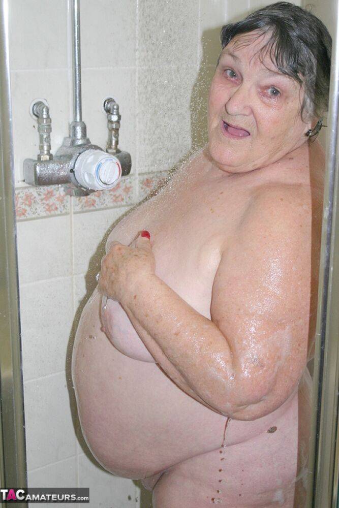 Obese granny Grandma Libby fondles her naked body while taking a shower - #4