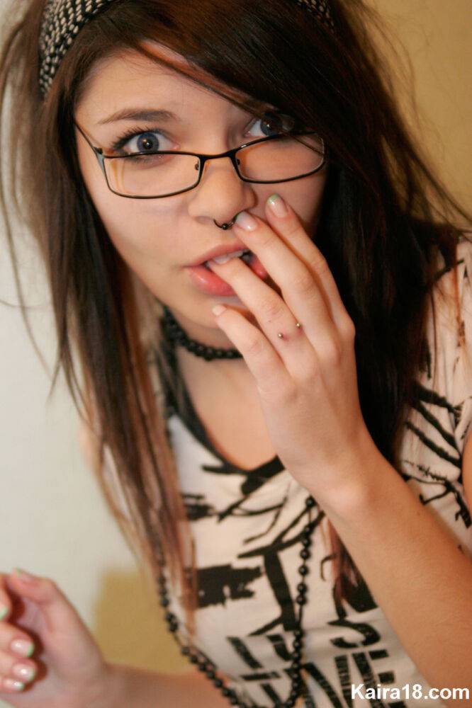 Solo girl Kaira 18 takes off her glasses while fully clothed - #5