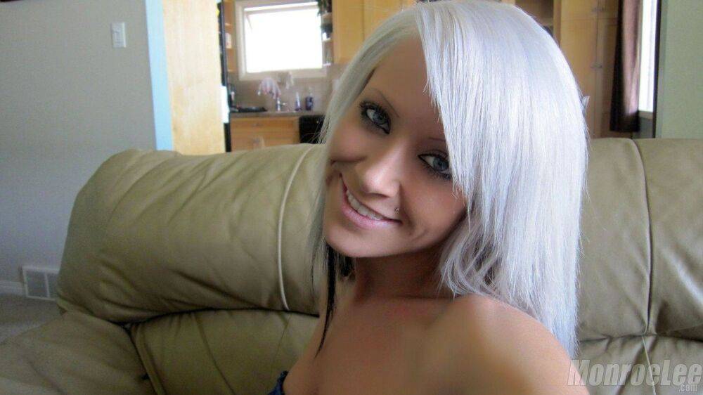 White haired slut Monroe Lee takes a selfie of her big tits and naked twat - #5