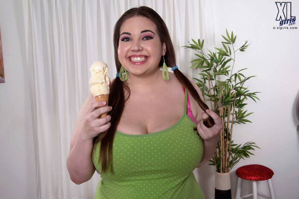 Hot fatty Nixie Night in pigtails stripping to show big tits wearing glasses - #10