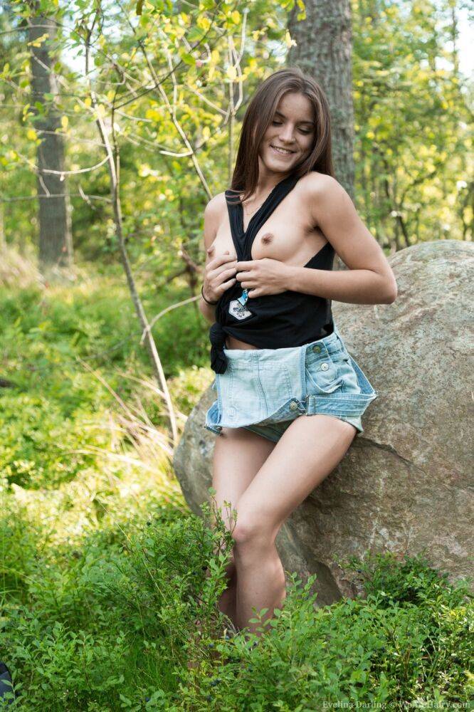 Teen hiker Evelina Darling strips naked to masturbate hairy twat in the woods - #4