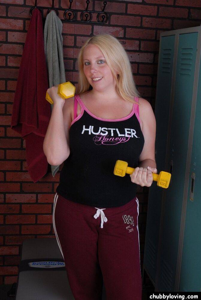 Chubby blonde girl Christal working out in the nude with big boobs hanging - #13