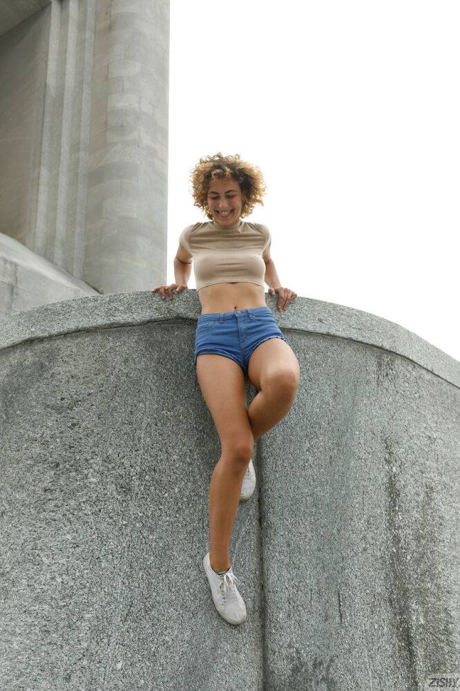 Slim amateur Sylvia Belotti poses in tight denim shorts & a crop top outdoors - #8