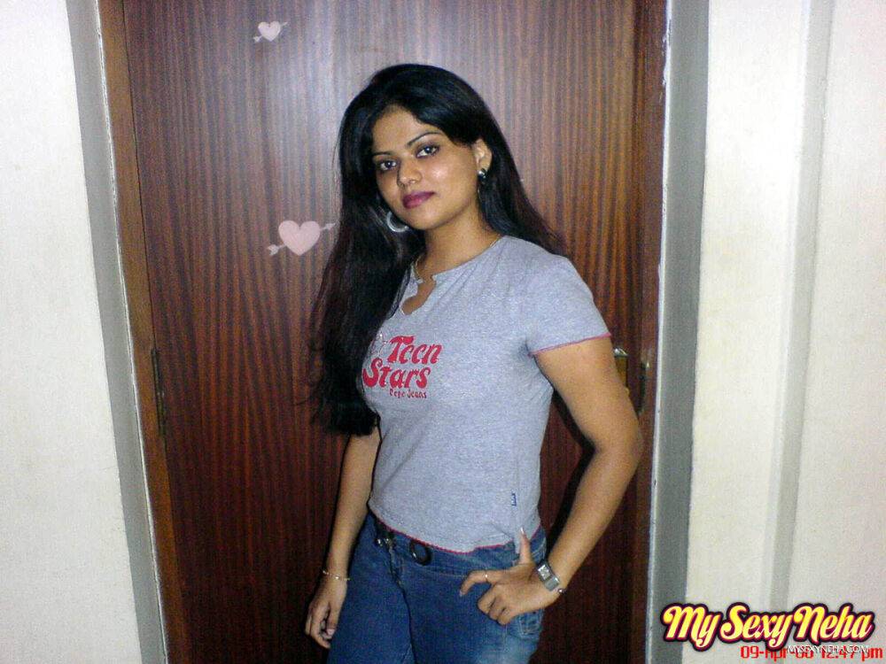 Petite Indian girl uncups big naturals after removing blue jeans - #11