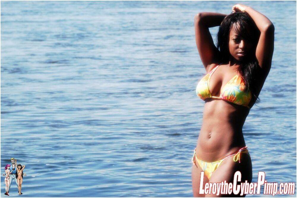 Sexy black girl sets her big boobs free of a bikini while in the water - #7