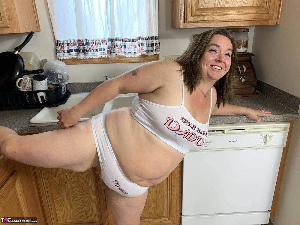 Middle aged BBW Sexy Nebbw shows her big tits and butt in a kitchen - #1