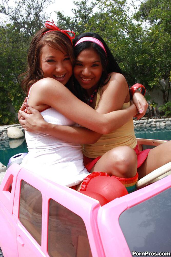 Asian lesbian teens reveal amazing butts and big boobs playing near a pool - #9