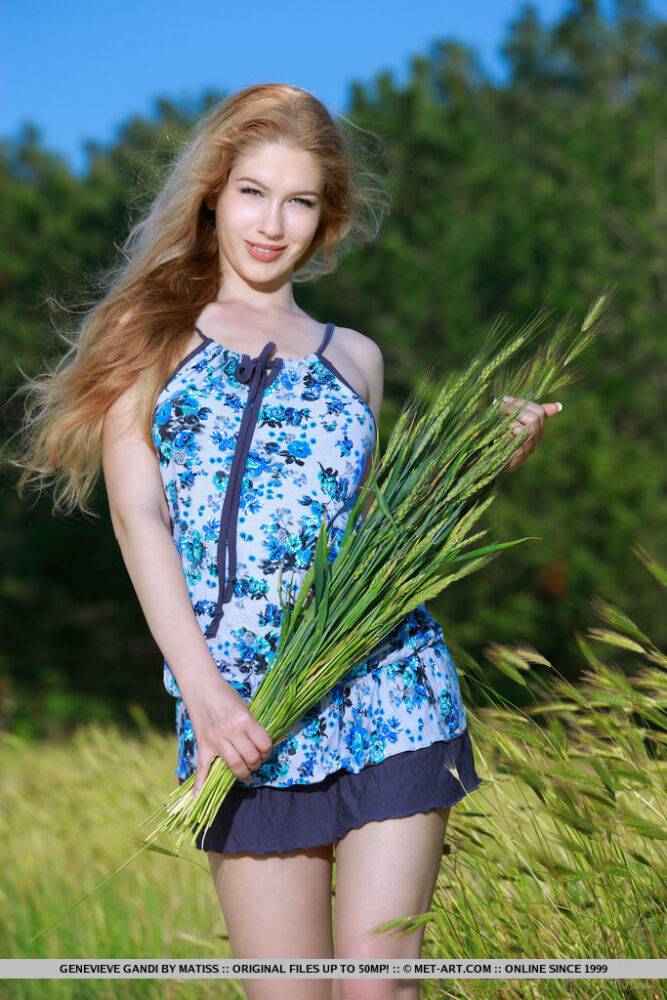 Cute redhead Genevieve Gandi strips naked on a blanket in a crop field - #15