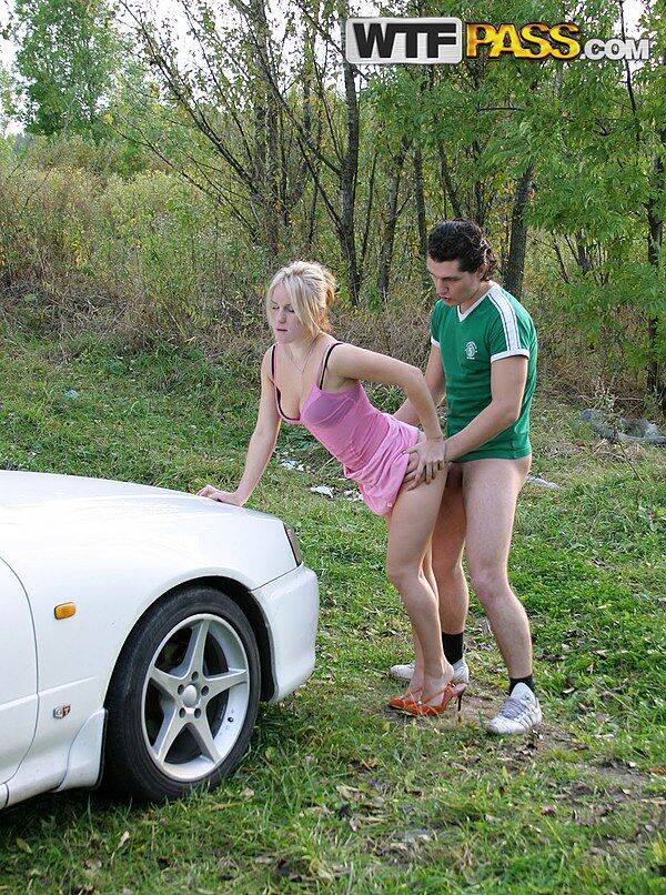 Blonde girl does anal during outdoor sex on blanket and on car hood - #11