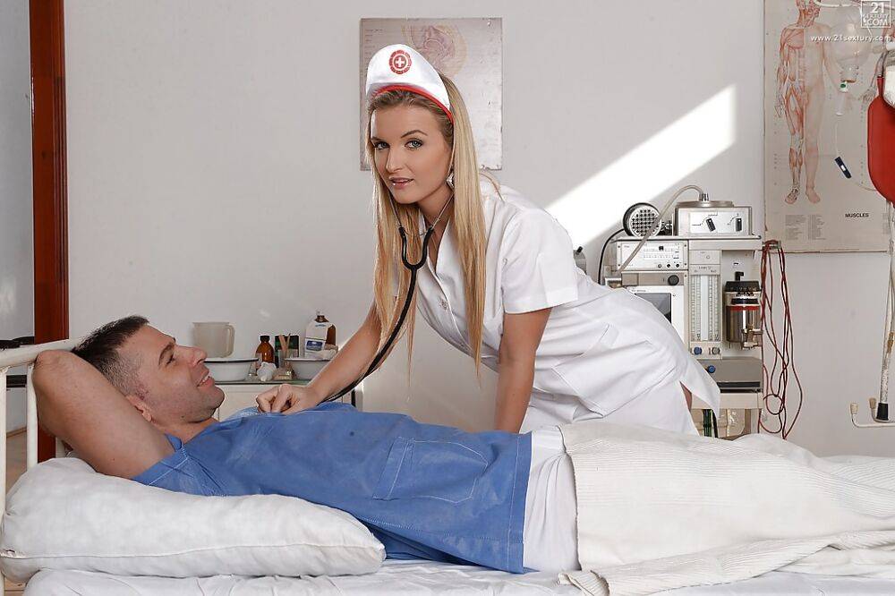 Blonde nurse Jemma Valentine riding cock and taking cum on face - #3