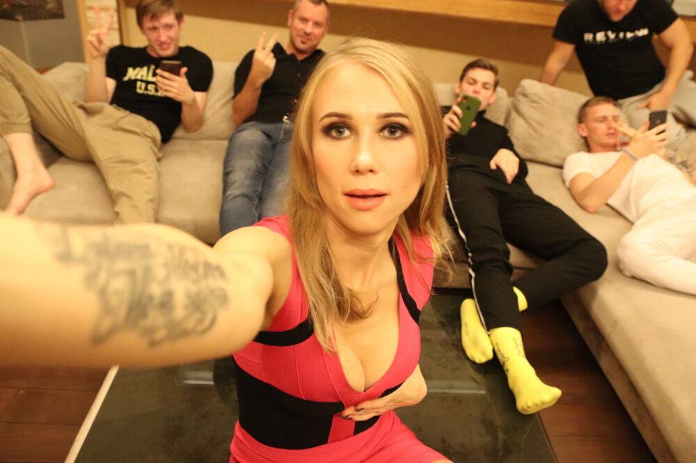 Blonde amateur takes a selfie before being gangbanged in garters and nylons - #11