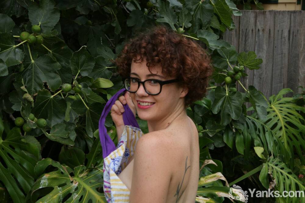 Geeky girl Rosie wears her glasses for her nude debut on the back lawn - #11