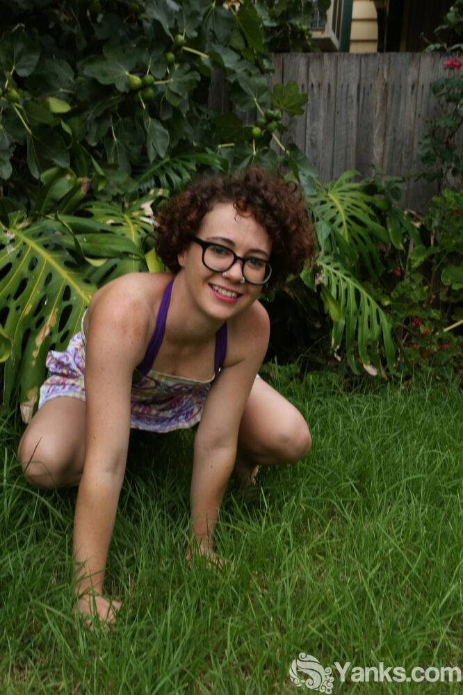 Geeky girl Rosie wears her glasses for her nude debut on the back lawn - #14