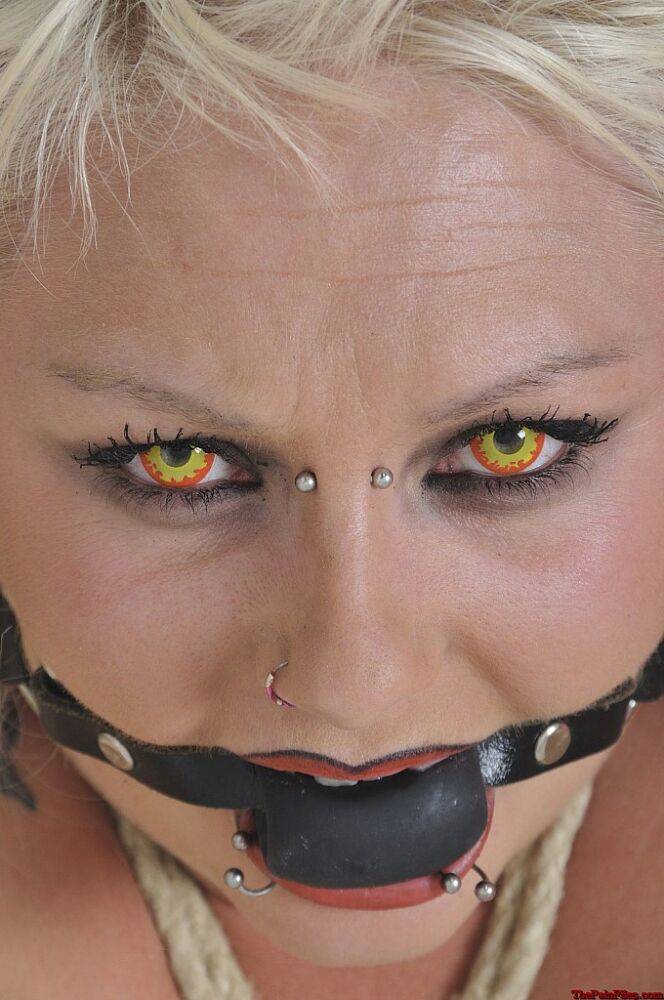 Tattooed blonde is fitted with a ball gag after being restrained with ropes - #8