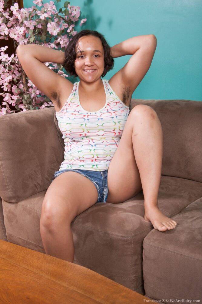 Chubby amateur Francesca Z shows her hair armpits and bush on a couch - #3