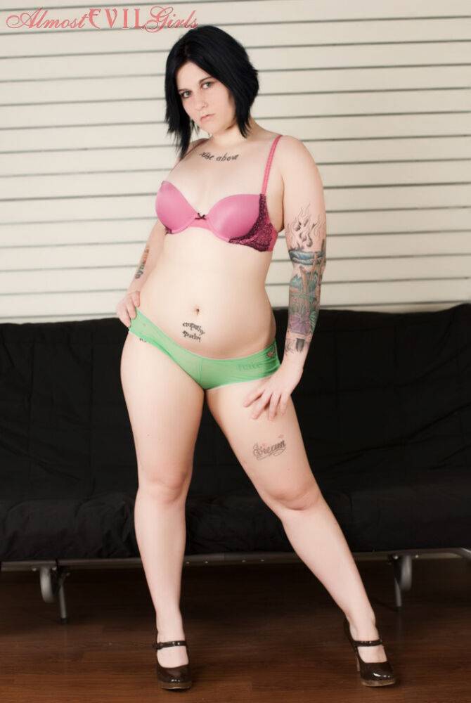 Tattooed plumper Green Eyed removes her lingerie and Mary Janes to pose nude - #14
