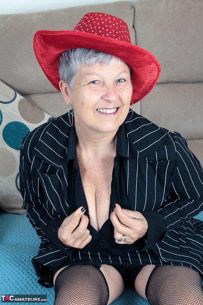 Old woman Savana takes off hat prior to revealing her large saggy breasts - #8