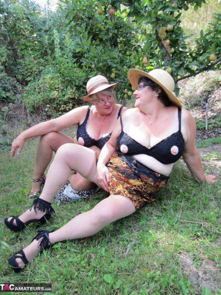 Older granny Girdle Goddess & her aged gal pal showing ass & nipples outdoors - #2