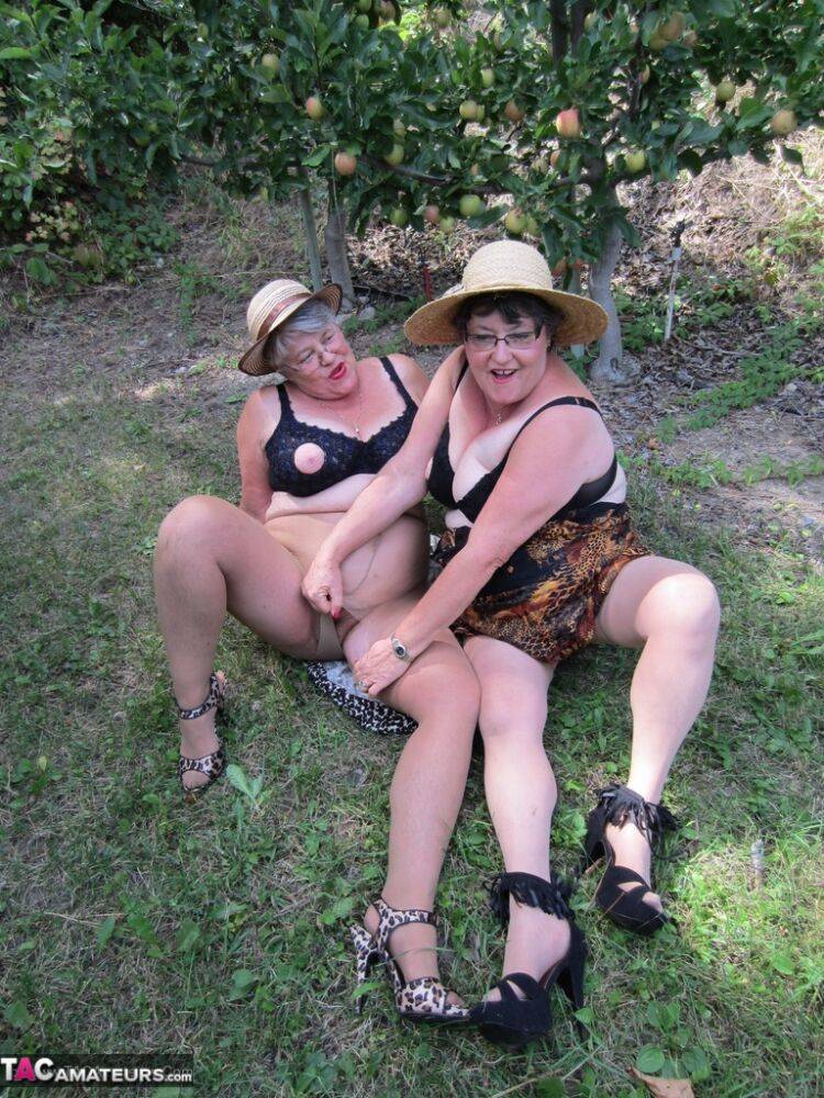 Older granny Girdle Goddess & her aged gal pal showing ass & nipples outdoors - #7