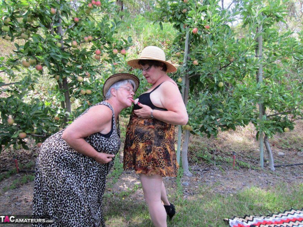 Older granny Girdle Goddess & her aged gal pal showing ass & nipples outdoors - #10