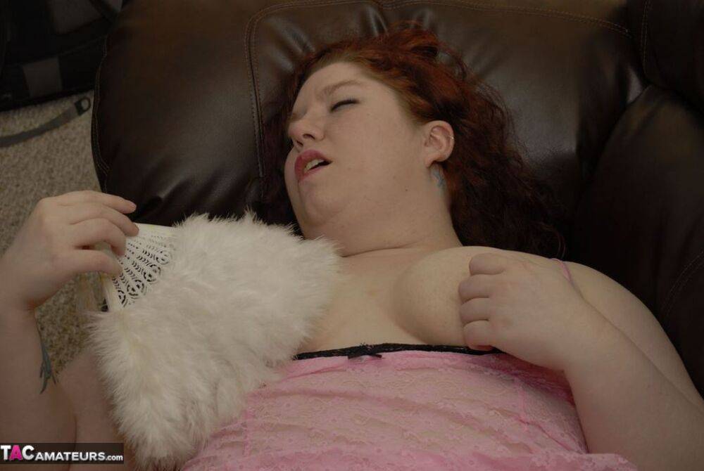 Redheaded BBW Inked Oracle teases her boobs before playing with her pussy - #5