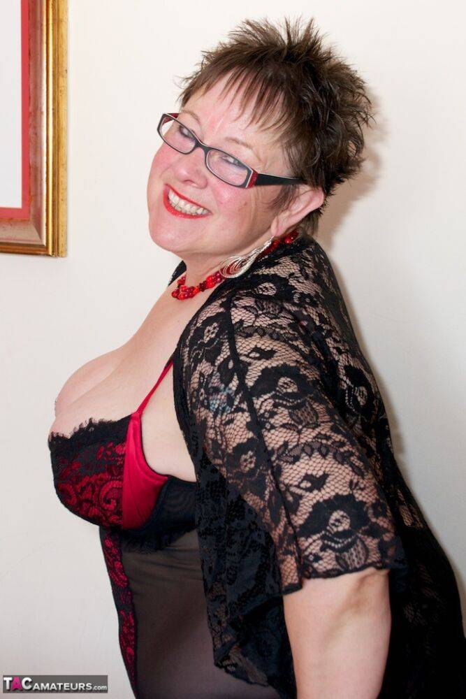 Fat older woman Warm Sweet Honey dildos her pussy in lingerie and glasses - #14