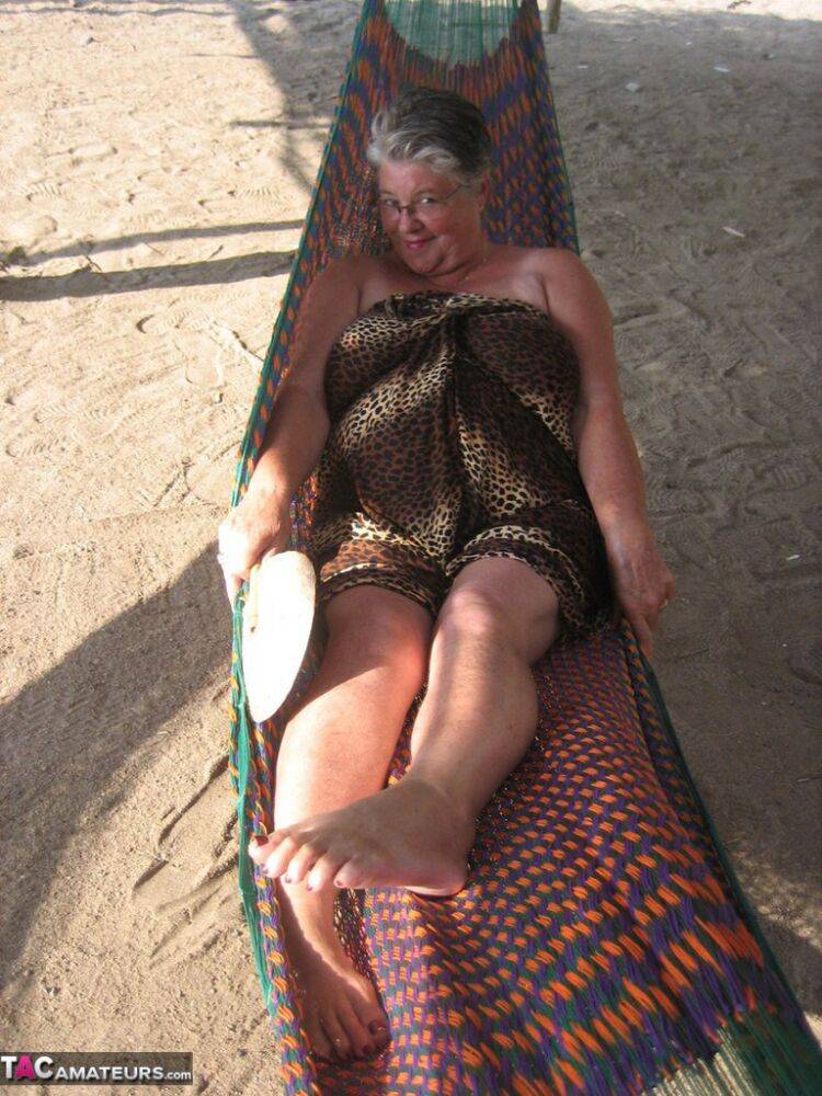 Obese nan Girdle Goddess bares her large tits and fat belly on a hammock - #15