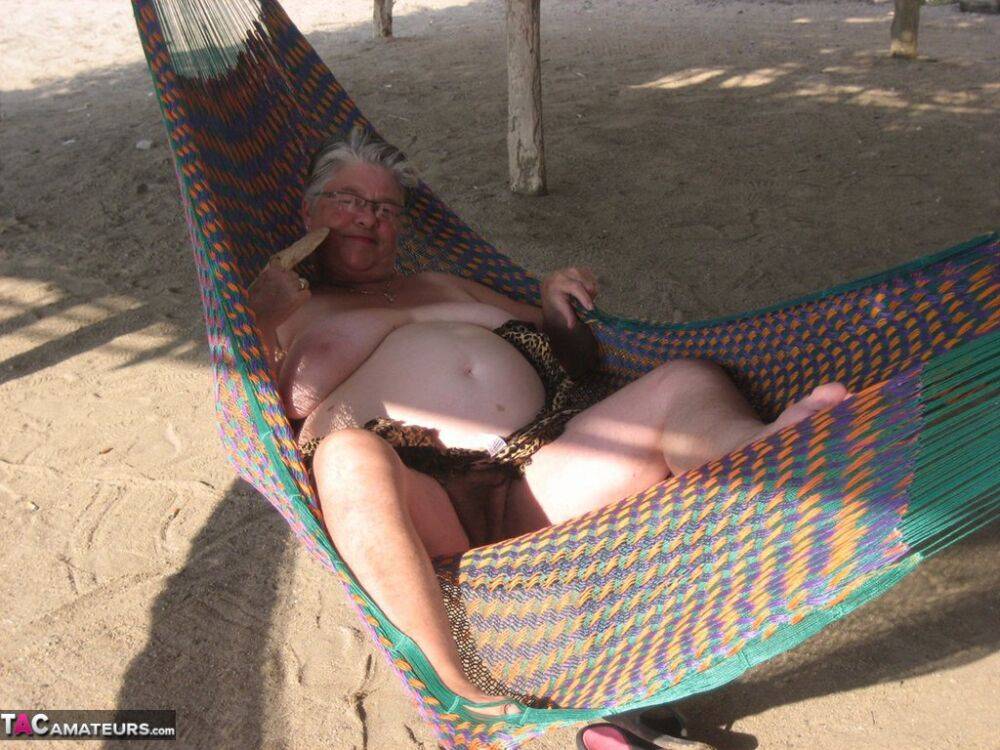 Obese nan Girdle Goddess bares her large tits and fat belly on a hammock - #4