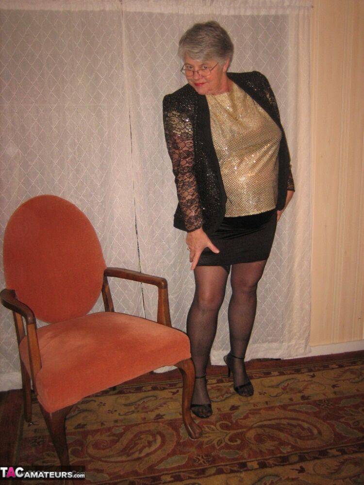 Old woman Girdle Goddess strips down to her hosiery before masturbating - #2