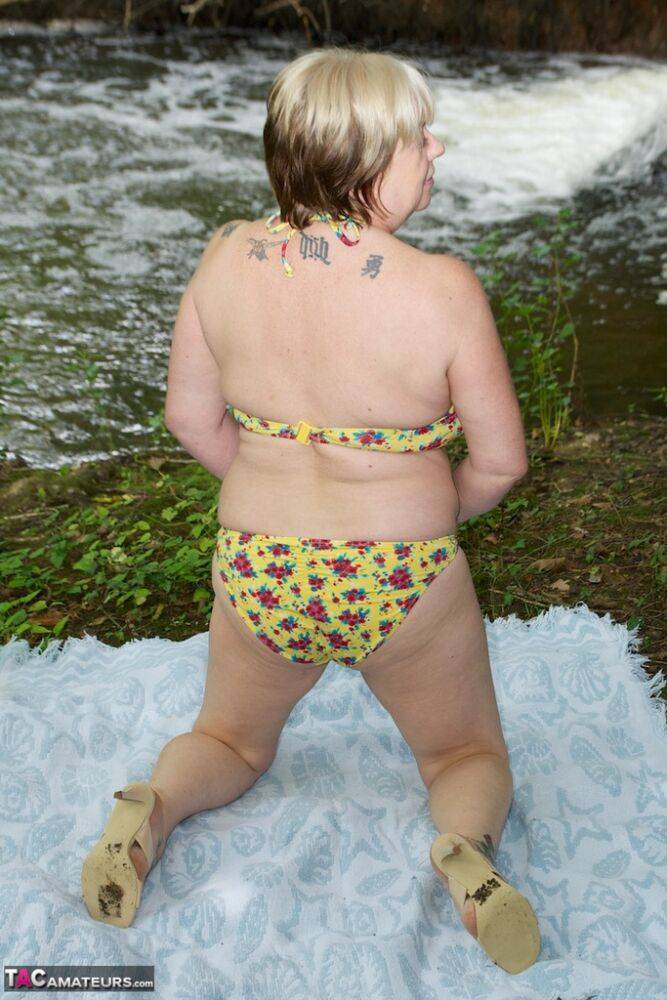 Thick mature woman Speedybee strips naked on a blanket down by the river - #10