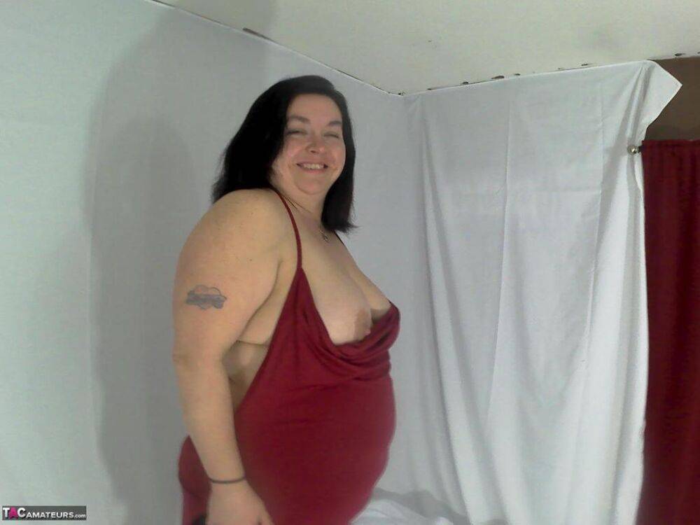 Amateur BBW removes printed underwear to get naked on her bed - #13