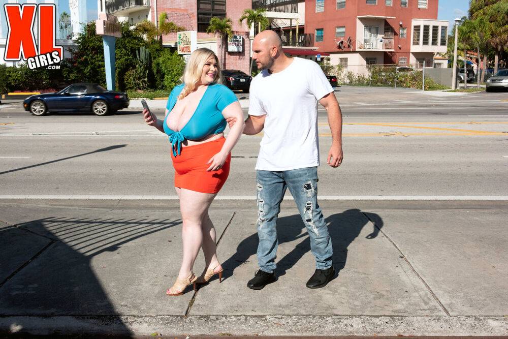 Fat teen Stella Daniels tit smothers a man after a pickup in a miniskirt - #11