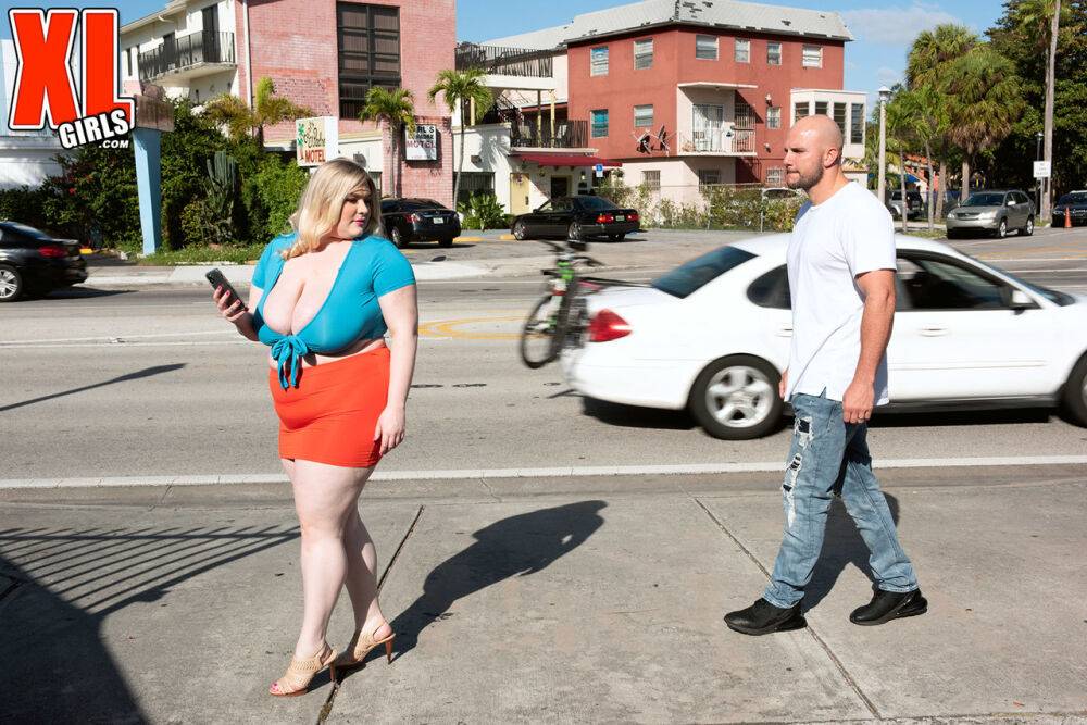 Fat teen Stella Daniels tit smothers a man after a pickup in a miniskirt - #12