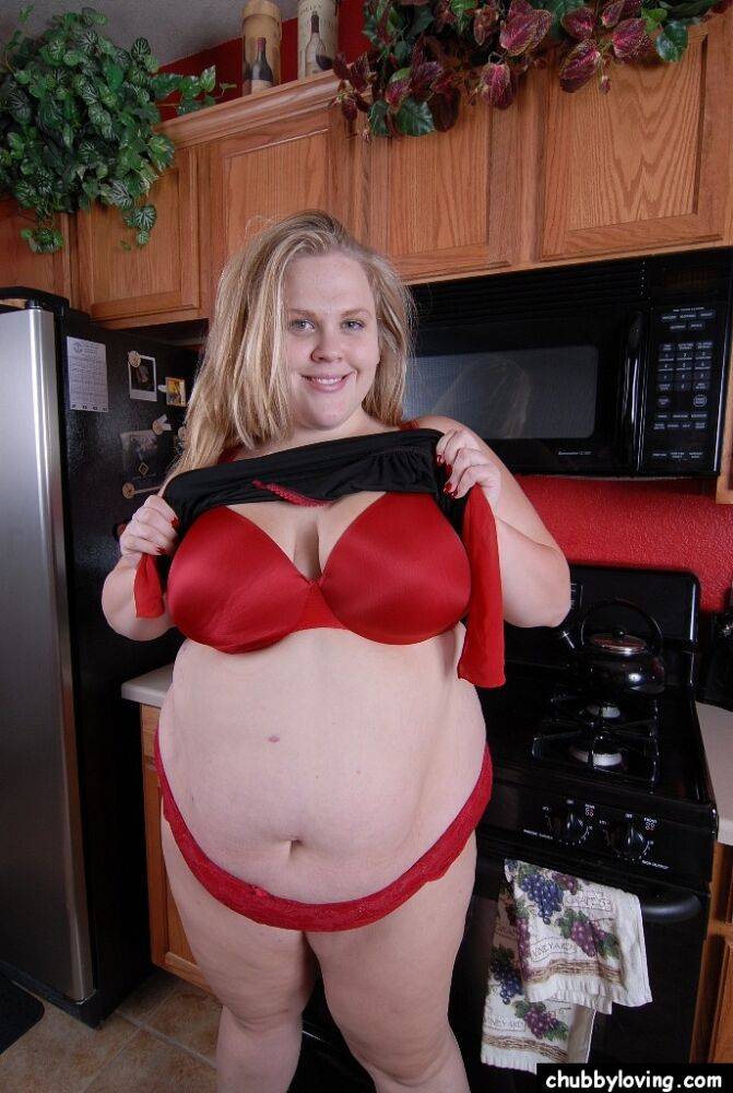 Blonde BBW Christina flaunts her big fat tits and twat in the kitchen - #11