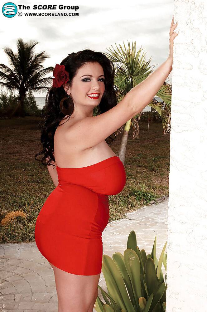 Delightsome fatty Arianna Sinn stripping from short red dress outdoor - #14