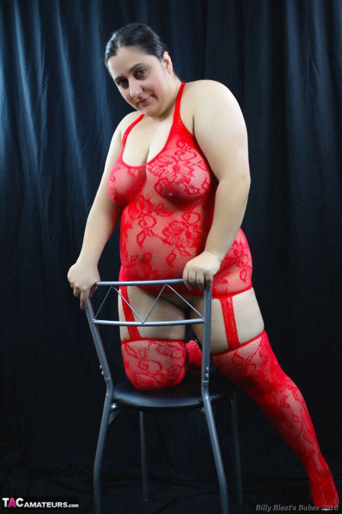 Amateur BBW Kimberly Scott poses non nude in red lingerie and matching hosiery - #11