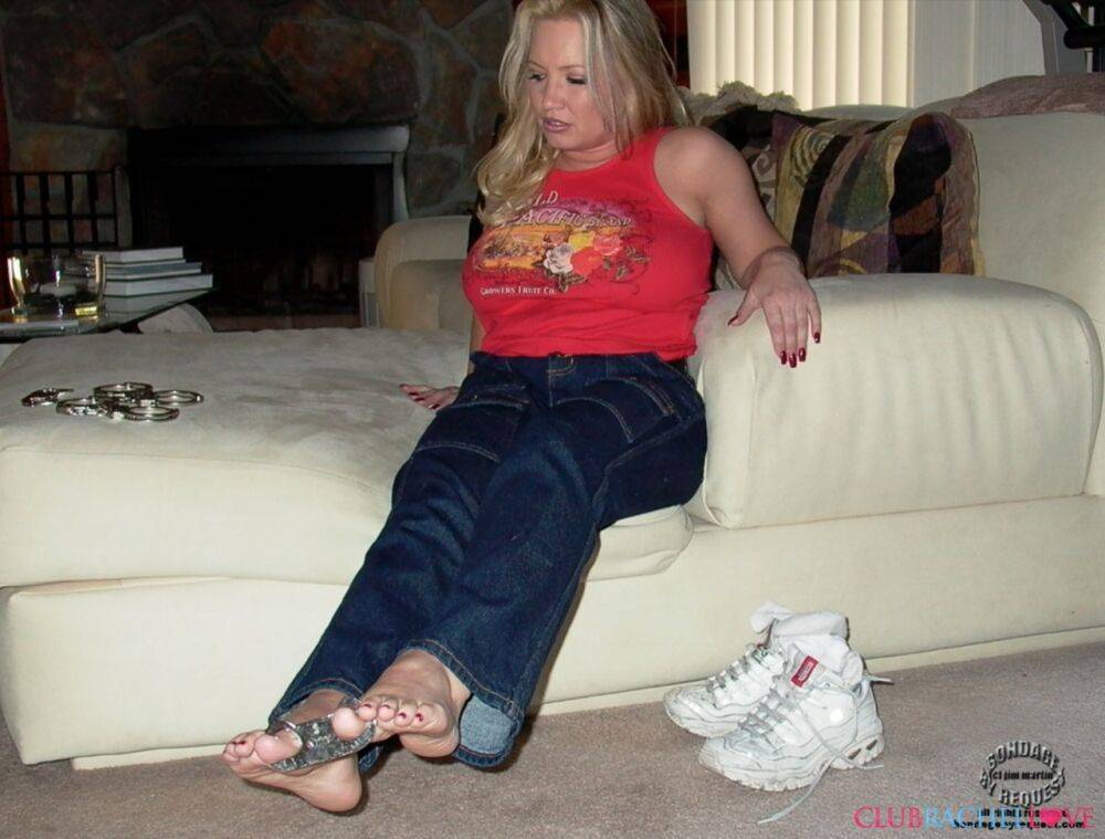 Older blonde Rachel Love paints her toenails while clothed and cuffed - #4