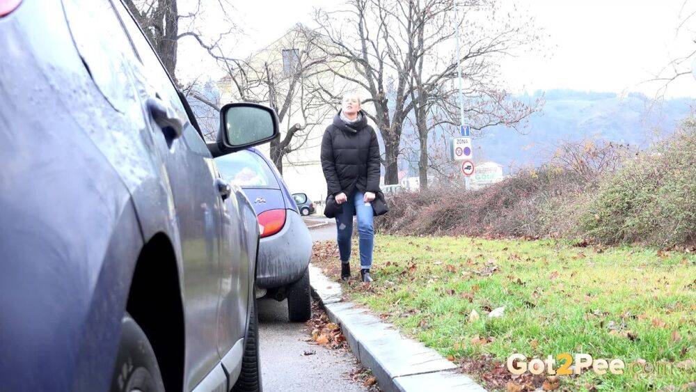 Blonde chick Nikki Dream squats for a pee behind vehicles on a road - #3