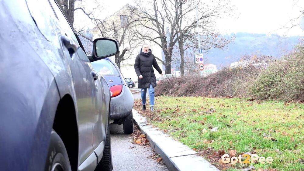 Blonde chick Nikki Dream squats for a pee behind vehicles on a road - #8