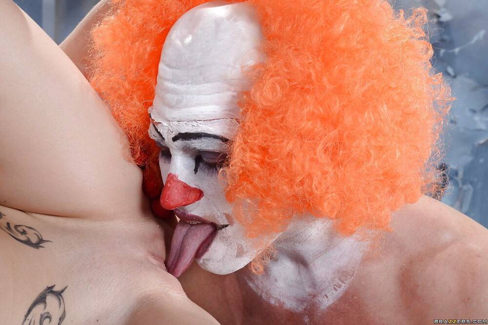 Playful brunette hottie with pale skin has some hardcore fun with a hung clown - #14