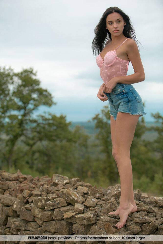Young brunette Sasha C gets totally naked near a dry stone stacked wall - #3