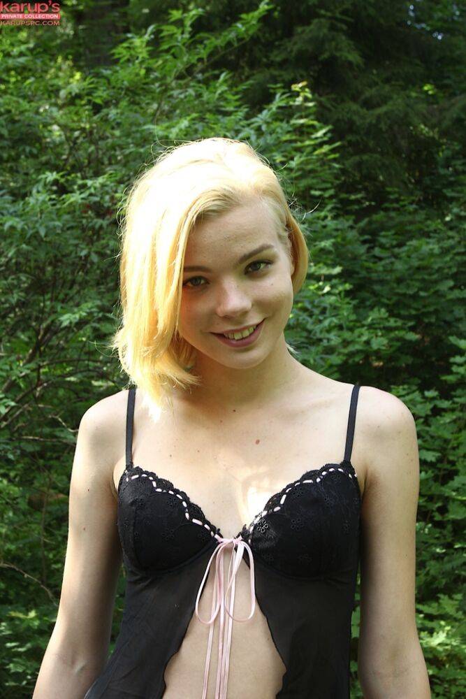 Cute teen amateur Sophia Kitten posing in nude in knee high socks in woods - #15