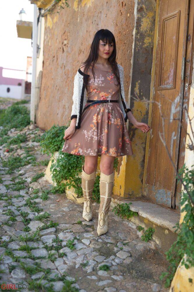 Asian model Sophia Jade flashes her upskirt panties on a cobblestone street - #8